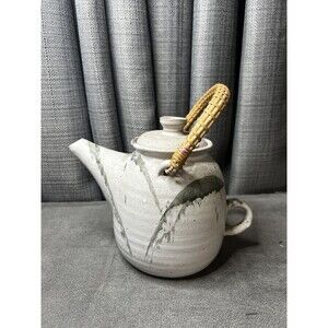 Studio Art Pottery Tea Kettle Gray Brown Rattan Handle Signed Greenwell 1976